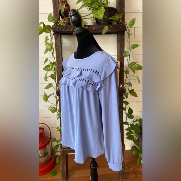 Loft: Blue Blouse with Ruffle Trim and  Embroidered Cutout - Picture 5 of 17